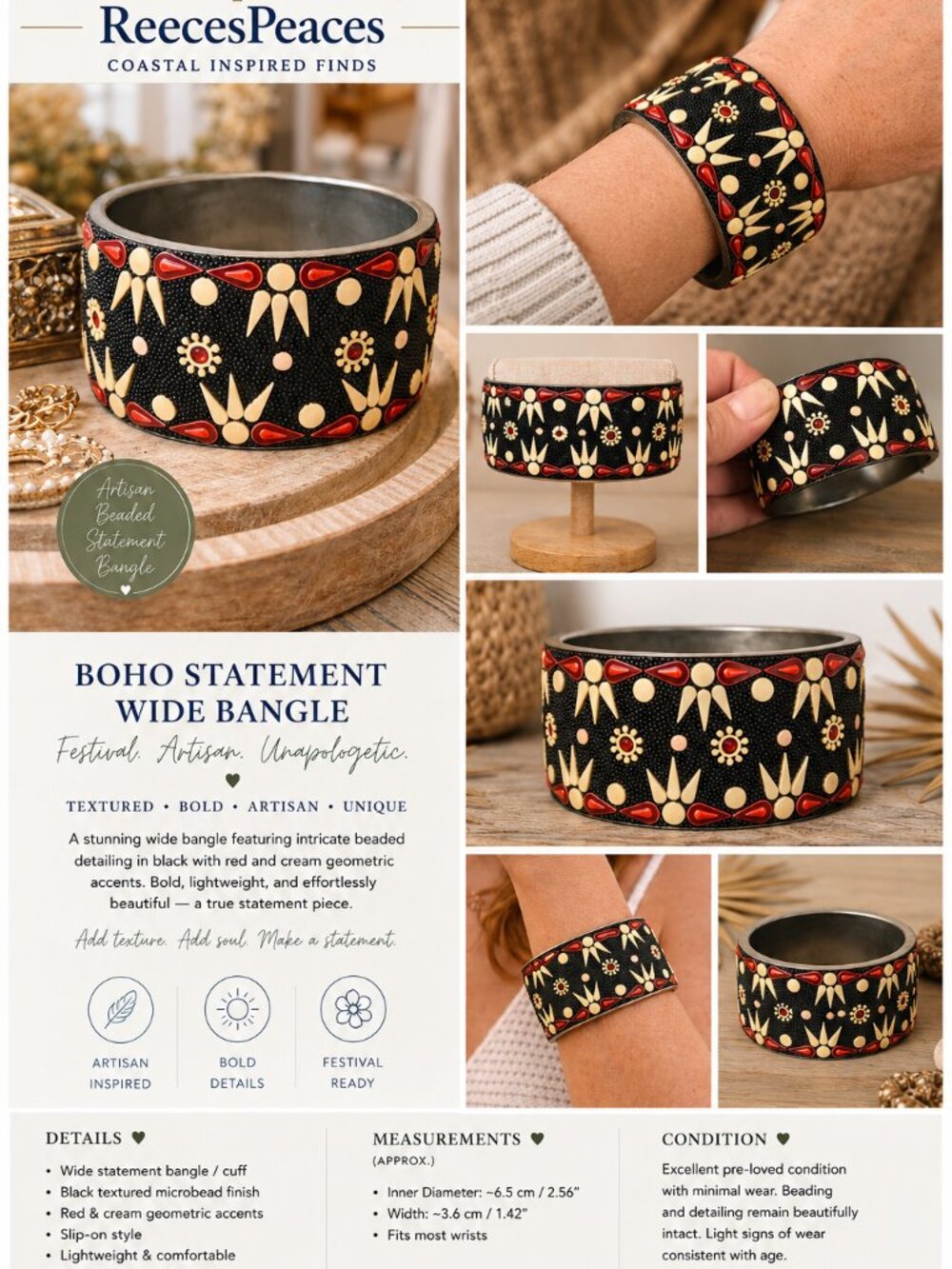 Artisan Beaded Wide Cuff Bracelet Black Red Statement Bangle